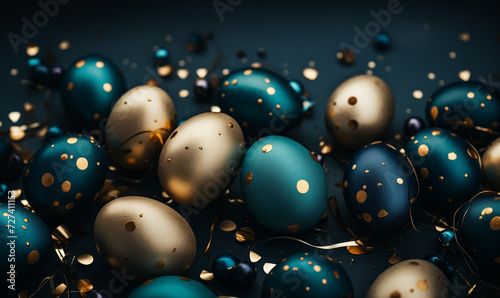  Golden and turquoise easter eggs on a dark blue background.