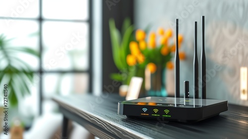 Wi-Fi router on black wooden table in room. Space for text  photo