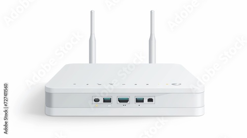 White wifi router, wireless broadband modem with antennas in front and perspective view. Ethernet router for network connection and Internet access isolated on white background 