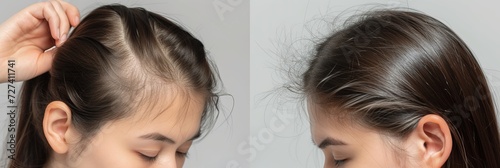 Woman with hair loss problem before and after treatment on grey background, collage. Visiting trichologist photo