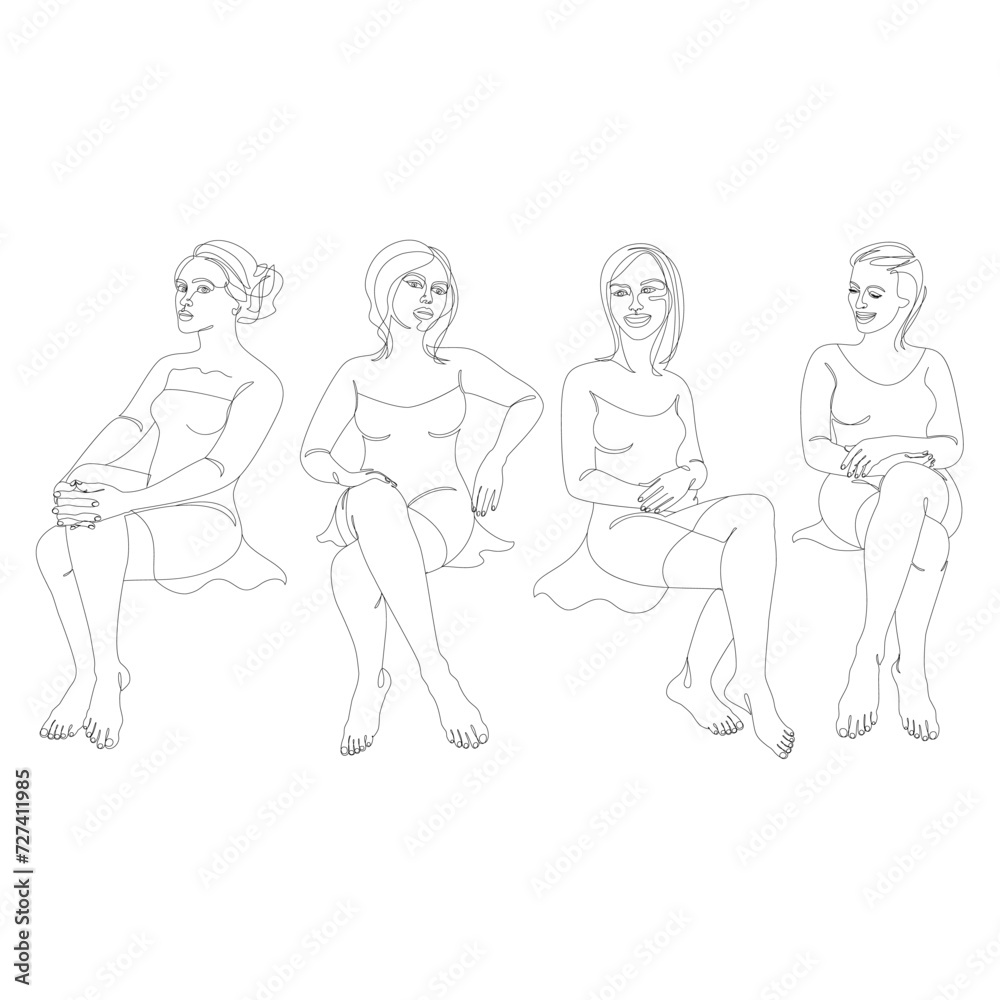 Collection. Feminine silhouette in a modern continuous line style. The girl is slim and beautiful. Lady suitable for decoration, posters, stickers, logo. Vector illustration set. Collection. Feminine silhouette in a modern continuous line style. The girl is slim and beautiful. Lady suitable for decoration, posters, stickers, logo. Vector illustration set.