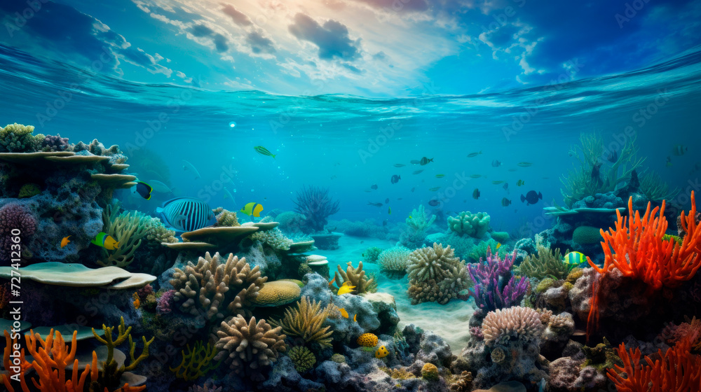A tranquil underwater landscape rich in diverse coral colorful reefs and teeming with marine life with schools of fish in the marine ocean. biodiversity of ocean life. Environmental conservation