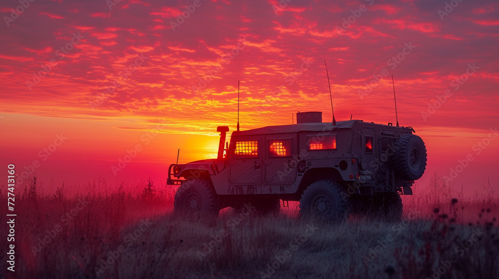 Military SUV with soldiers, sunset, state of war - obrazy, fototapety, plakaty 