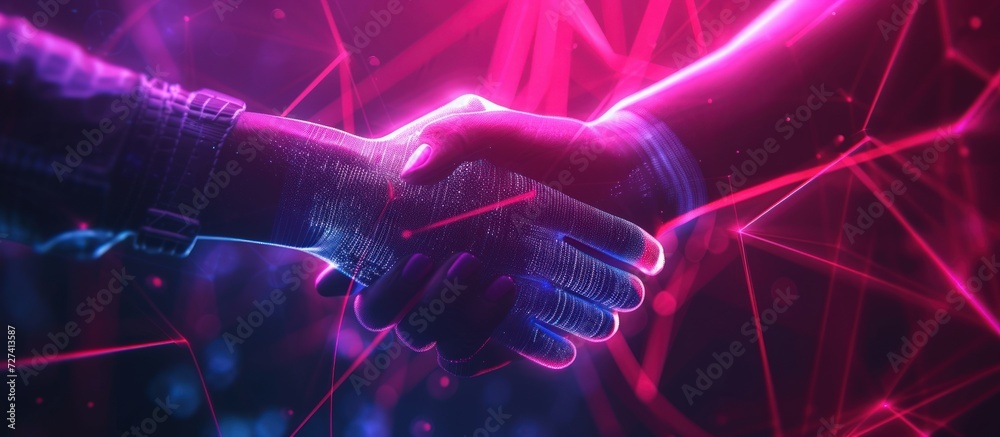 Illustration human handshake with digital futuristic style neon light effect background.Generated AI