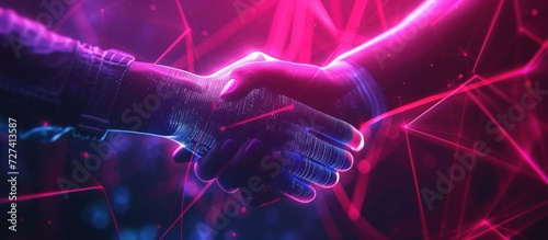 Illustration human handshake with digital futuristic style neon light effect background.Generated AI © Leafart