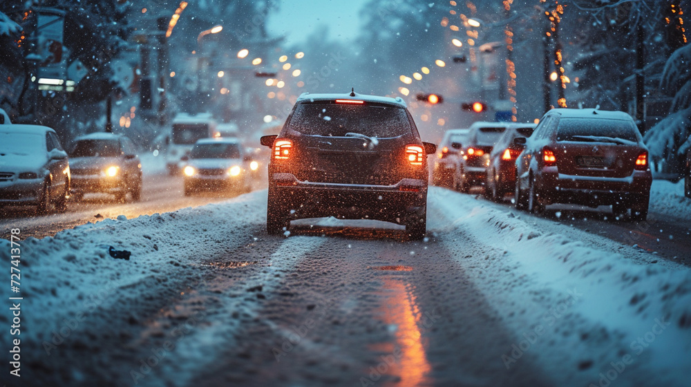 Car on impassable winter road, winter traffic, dangerous road Car on impassable winter road, winter traffic, dangerous road