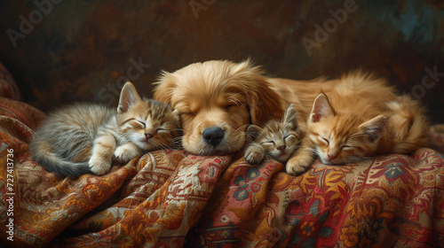 The dog and cats are sleeping together on a cozy blanket