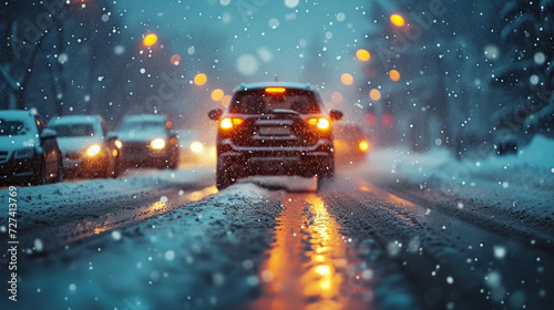 Car on impassable winter road, winter traffic, dangerous road