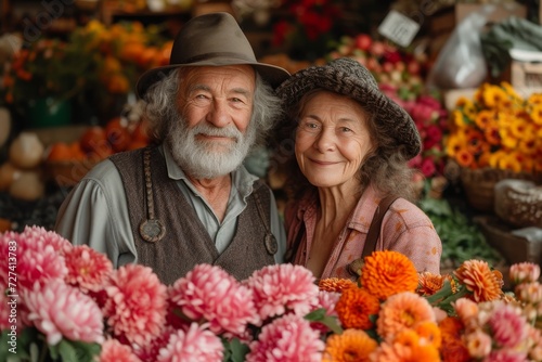 A couple embraces amidst a sea of vibrant flowers, showcasing their love for each other and the art of floristry at a bustling outdoor market © Larisa AI