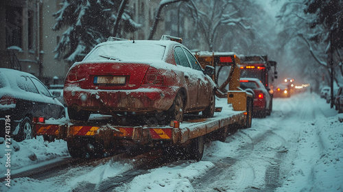 In winter, a tow truck evacuates a car from the street, frozen conditions