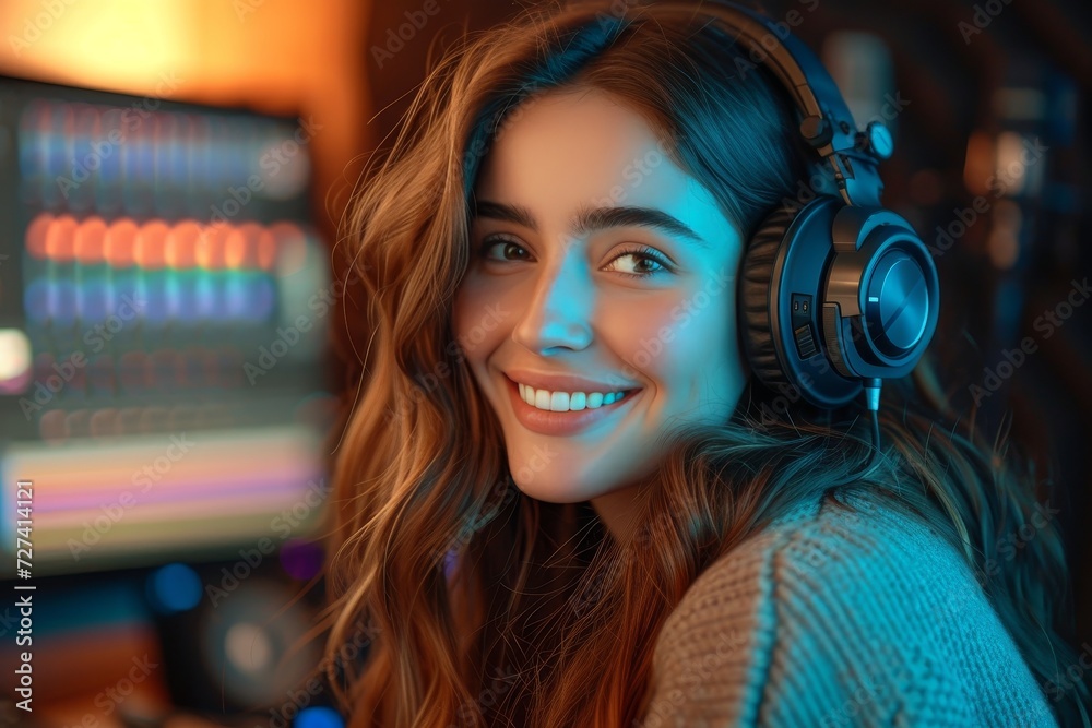 A smiling woman wearing headphones indoors, lost in her own world of music