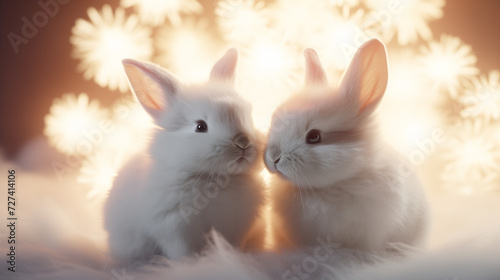 Two cute white furry rabbit hare sit close-up on a fur blanket against a beige background. © MargaritaSh