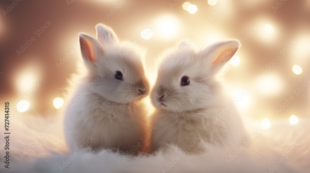 Two cute white furry rabbit hare sit close-up on a fur blanket against a beige background. Two cute white furry rabbit hare sit close-up on a fur blanket against a beige background.