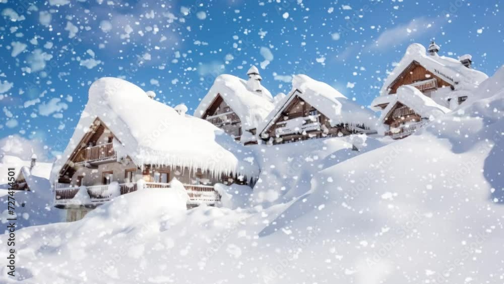 Winter chalets in ski resorts covered in layers of snow, requiring maintenance. Winter chalets in ski resorts covered in layers of snow, requiring maintenance.