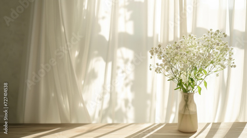 White flowers in vase on sunny windowsill with sheer curtains. Home interior and decor.