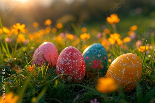 A vibrant field of flowers serves as the backdrop for a playful group of easter eggs, nestled among the lush grass and basking in the warm outdoor sun