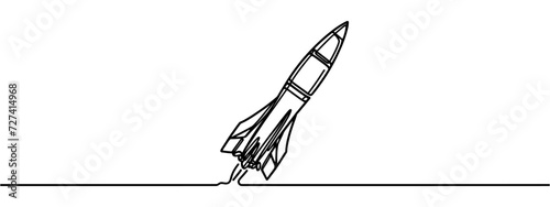 Hand drawn one line vector.One continuous line drawing of simple retro spacecraft flying up to the outer space nebula. Rocket space ship launch into universe concept.