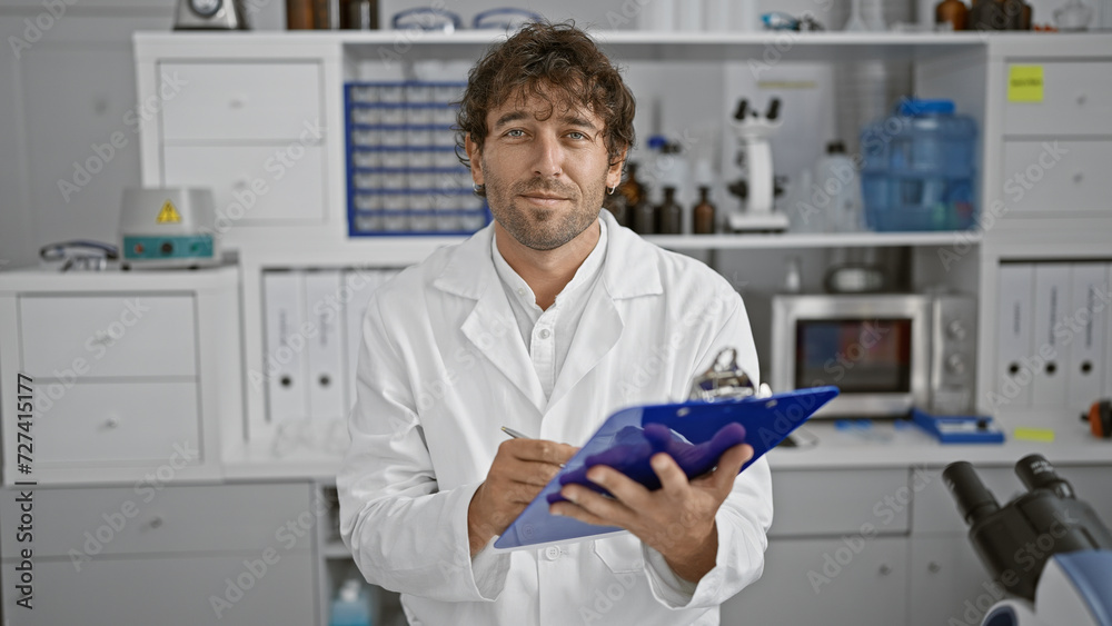 Attractive hispanic man with beard and green eyes, wearing lab coat, taking notes in a laboratory.