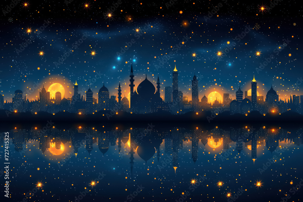starry night sky over ramadan cityscape with mosque silhouettes