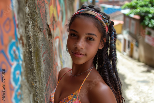 A serene girl with braided hair smiles subtly against a graffiti wall, her youthful spirit echoing the favela's vibrancy.