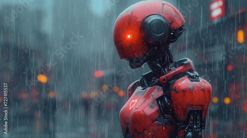 Czerwony robot stoi w deszczu na miejskiej ulicy.
