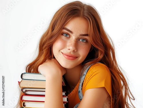 Young girl student with science books on white background.