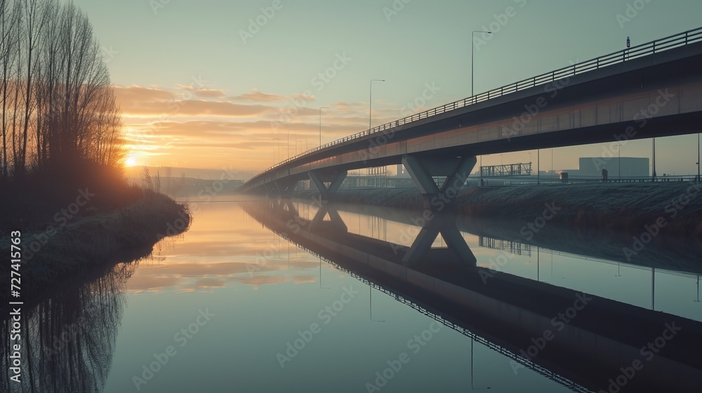 A viaduct bridge crossover a canal of highway A59 during sunrise - obrazy, fototapety, plakaty 