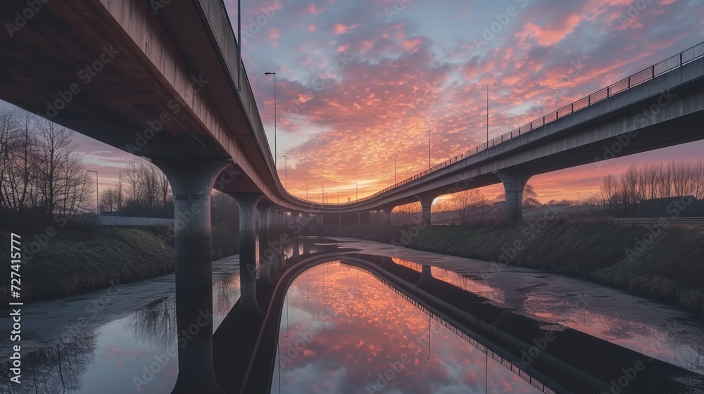A viaduct bridge crossover a canal of highway A59 during sunrise - obrazy, fototapety, plakaty 