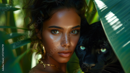 Beautiful tanned woman with a puma in a tropical forest.