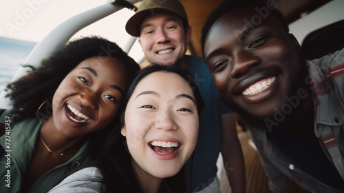 a multiethnic group of friends having fun together on a boat