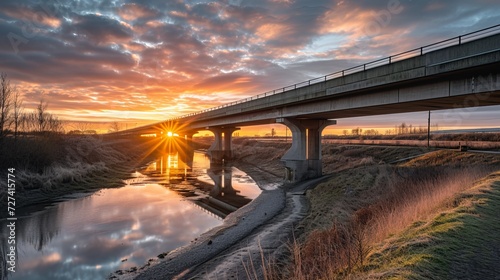 A viaduct bridge crossover a canal of highway A59 during sunrise