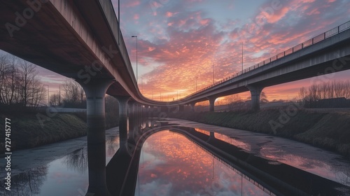 A viaduct bridge crossover a canal of highway A59 during sunrise photo