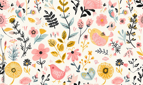 childlish whimsical floral and bird illustration pattern with pastel colors for charming textile design photo