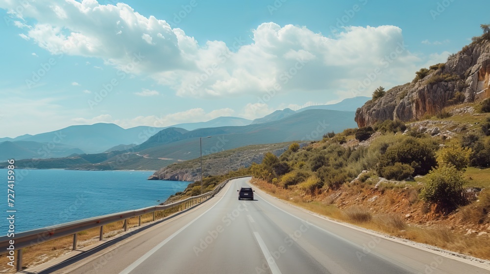 car driving on the road . road landscape in summer. it's nice to drive on the beach side highway. Highway view on the coast on the way to summer vacation. Turkey trip on beautiful travel road car driving on the road . road landscape in summer. it's nice to drive on the beach side highway. Highway view on the coast on the way to summer vacation. Turkey trip on beautiful travel road