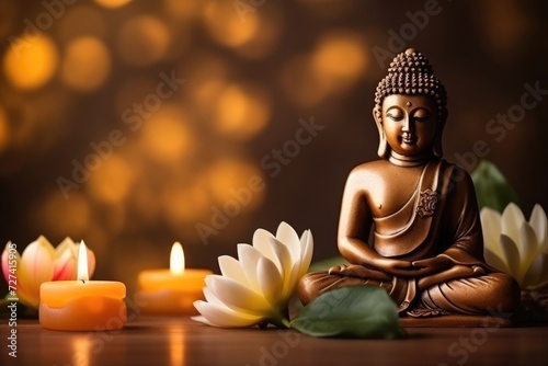 Mahavir Jayanti  bronze Buddha figure  religious festival  sacred deity  statuette  candles  lotuses and bokeh effect