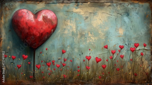 Obraz przedstawia pole czerwonych serc na niebieskim tle. Na teksturze ściany retro.