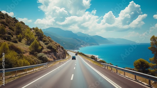 car driving on the road. road landscape in summer. it's nice to drive on the beach side highway. Highway view on the coast on the way to summer vacation. Turkey trip on beautiful travel road 