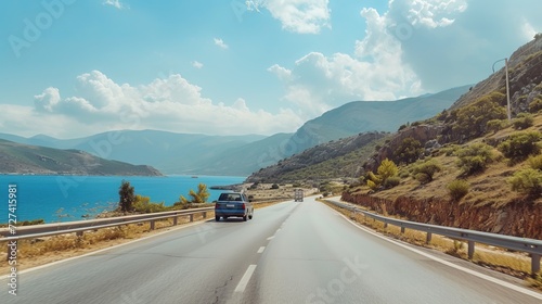 car driving on the road . road landscape in summer. it's nice to drive on the beach side highway. Highway view on the coast on the way to summer vacation. Turkey trip on beautiful travel road 
