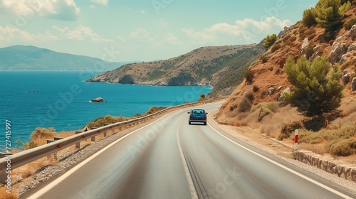 car driving on the road of . road landscape in summer. it's nice to drive on the beach side highway. Highway view on the coast on the way to summer vacation. Turkey trip on beautiful travel road