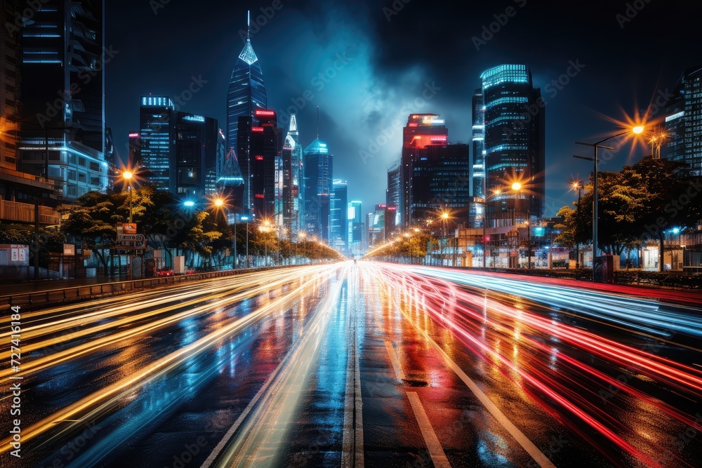 Cityscape at night with streaks of light resembling the light speed effect