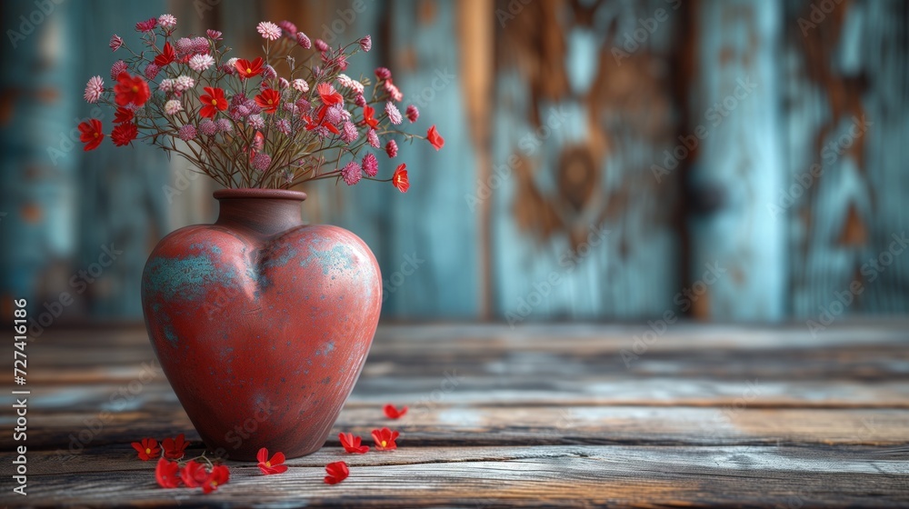 Na zdjęciu przedstawiony jest wazon w kształcie serca z kwiatuszkami. - obrazy, fototapety, plakaty 