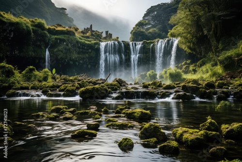 Waterfall cascading down a lush green hill  surrounded by vibrant foliage and rocks