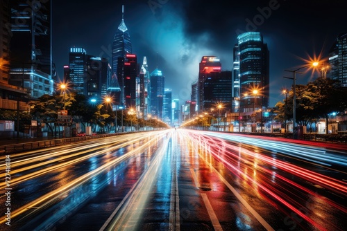 Cityscape at night with streaks of light resembling the light speed effect