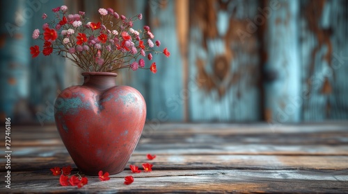 Na zdjęciu przedstawiony jest wazon w kształcie serca z kwiatuszkami.