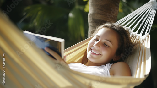 happy girl lying on hammock reading a book