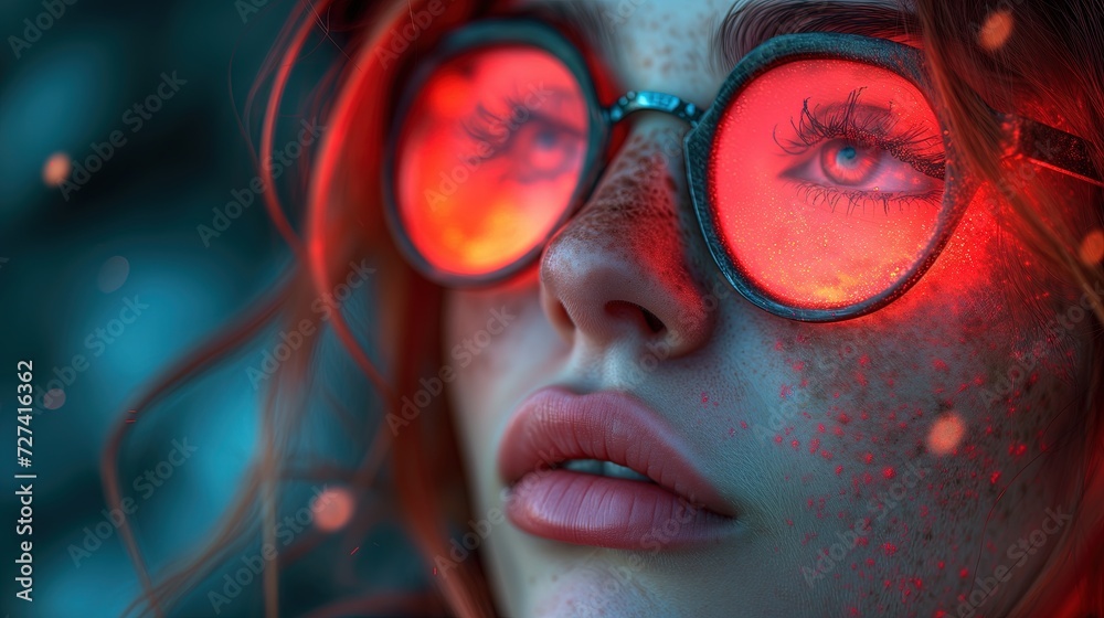 Zbliżenie na kobietę noszącą czerwone okulary. - obrazy, fototapety, plakaty 