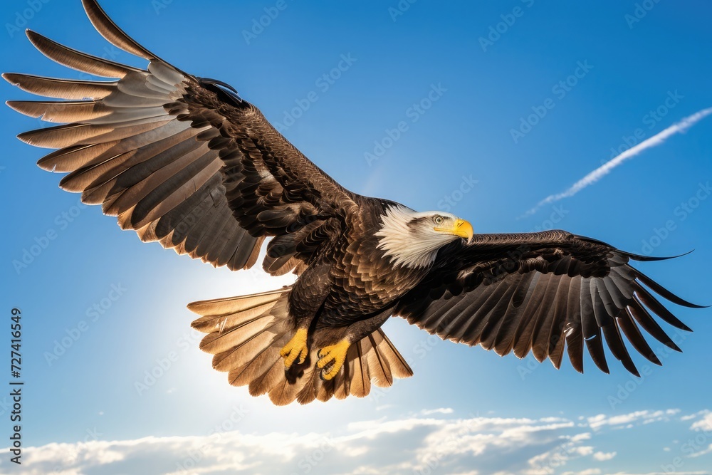 Eagle soaring through a clear blue sky and wings fully extended Eagle soaring through a clear blue sky and wings fully extended