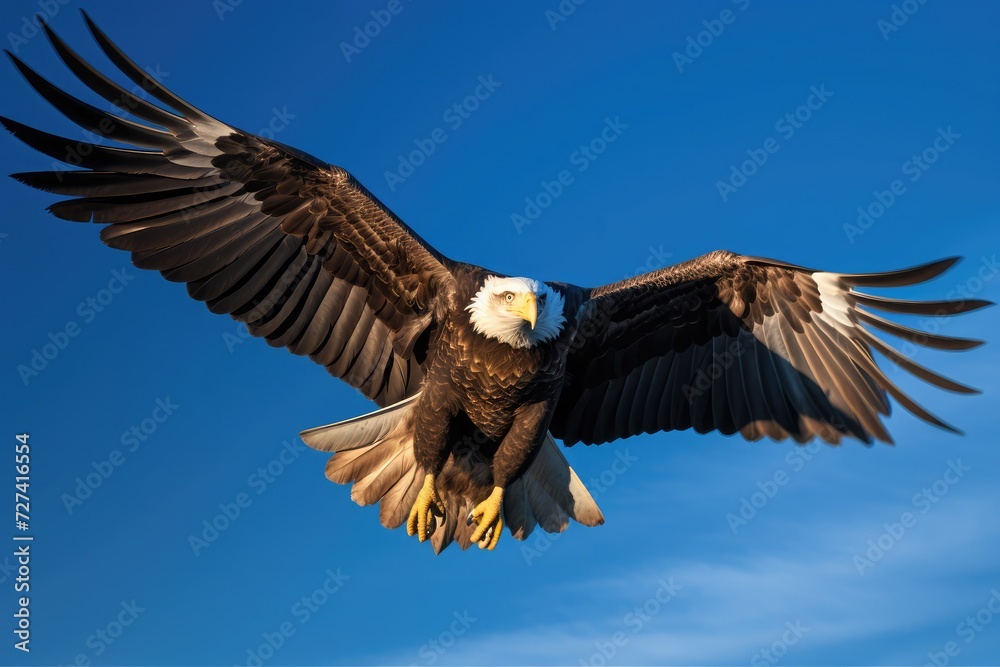Eagle soaring through a clear blue sky and wings fully extended Eagle soaring through a clear blue sky and wings fully extended