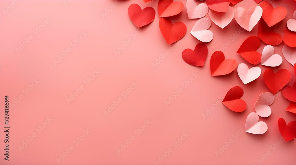 Red and rose hearts on pastel background. Copy space. Valentine's day wallpaper. Celebrate love. 