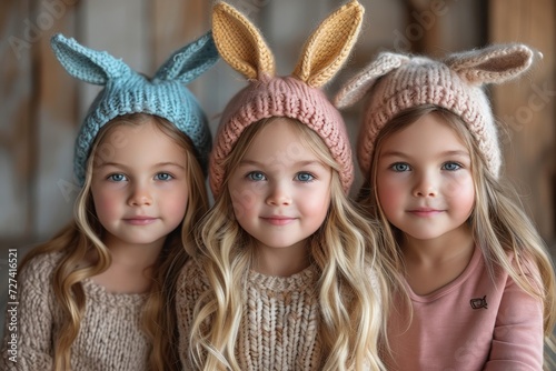 A group of young girls, their faces beaming with smiles, adorned in cozy knit hats as a fashion accessory, reminiscent of a playful toddler's bonnet, with headgear fit for a doll, showcasing the beau